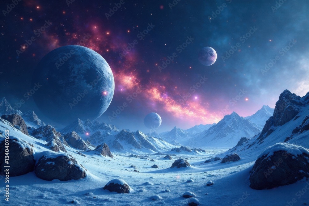 Frosted asteroids and comets in a vast snowy universe, icy, frozen Frosted asteroids and comets in a vast snowy universe, icy, frozen