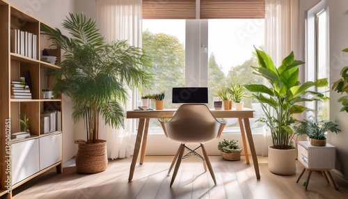 Scandinavian-style workspace with neutral tones