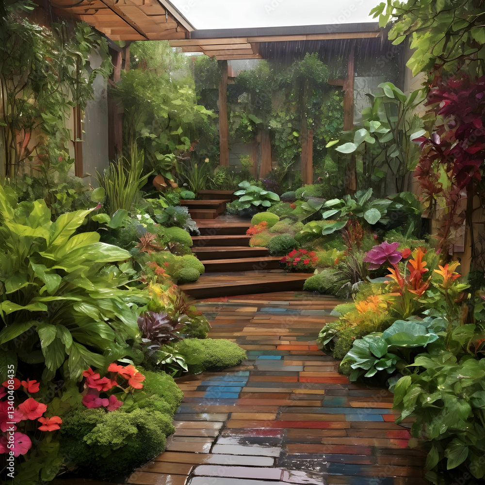 Rainy Garden Becomes a Vibrant Sanctuary, Blending Water and Foliage into a Colorful Harmony Rainy Garden Becomes a Vibrant Sanctuary, Blending Water and Foliage into a Colorful Harmony