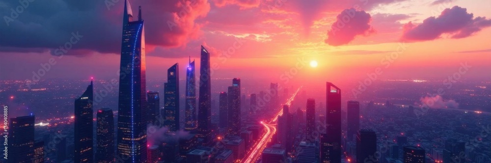 Fototapeta premium Futuristic cityscape at dawn with sleek skyscrapers and neon lights, architecture, skyscrapers