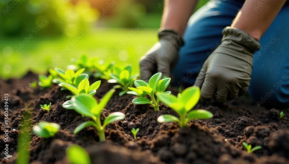 Gardener kneeling beside a row of green seedlings on soil, greenery, garden bed Gardener kneeling beside a row of green seedlings on soil, greenery, garden bed