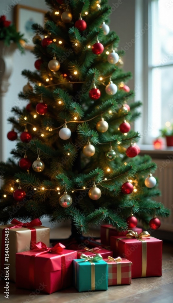 Garlands wrapped around the Christmas tree with colorful presents, Garland, Tree Garlands wrapped around the Christmas tree with colorful presents, Garland, Tree