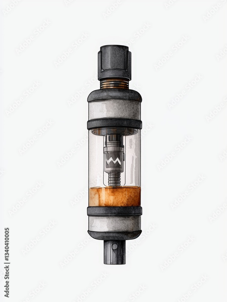 Naklejka premium Close-up of a vape tank with glass and metal parts, showcasing details of its internal mechanism and a liquid reservoir.