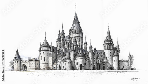 Meticulously Detailed European Castle Ink Drawing with Architectural Grandeur