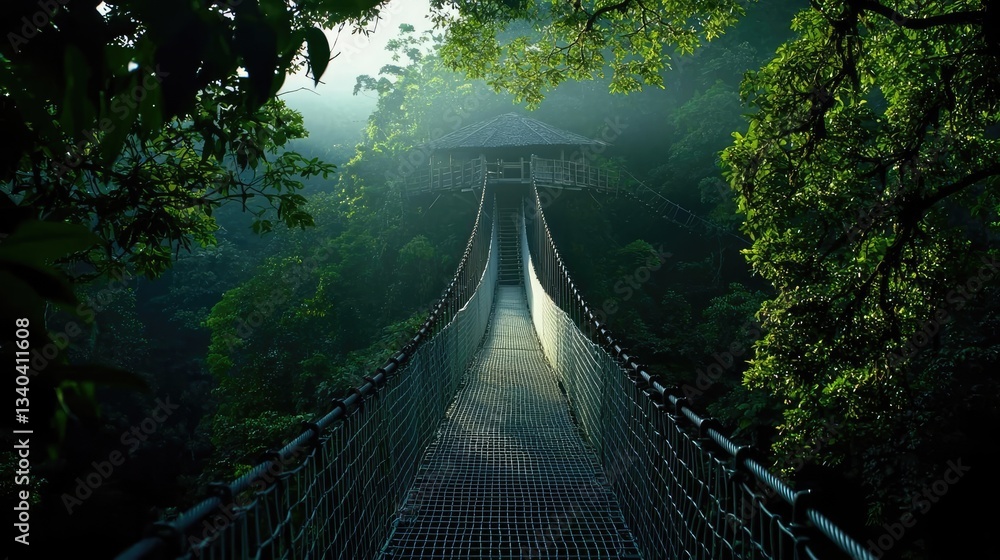 Fototapeta premium Treehouse in the woods landscapes idea. A serene suspension bridge nestled in lush green foliage, surrounded by misty nature.