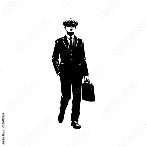 man wearing suit and flatcap walking while bring suitcase