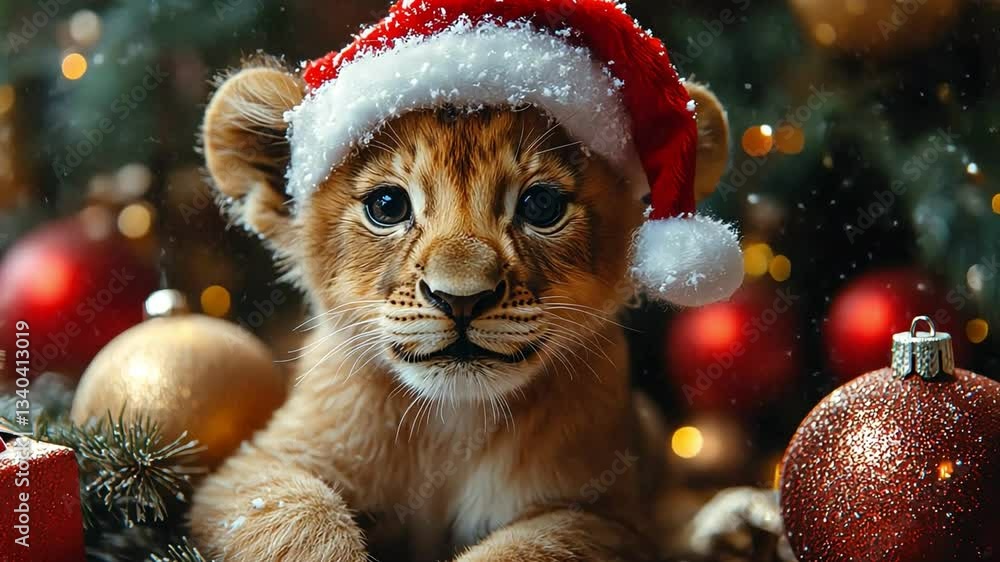 Festive Lion Cub in Santa Hat Surrounded by Christmas Decorations, Spreading Joyful Holiday Spirit Festive Lion Cub in Santa Hat Surrounded by Christmas Decorations, Spreading Joyful Holiday Spirit