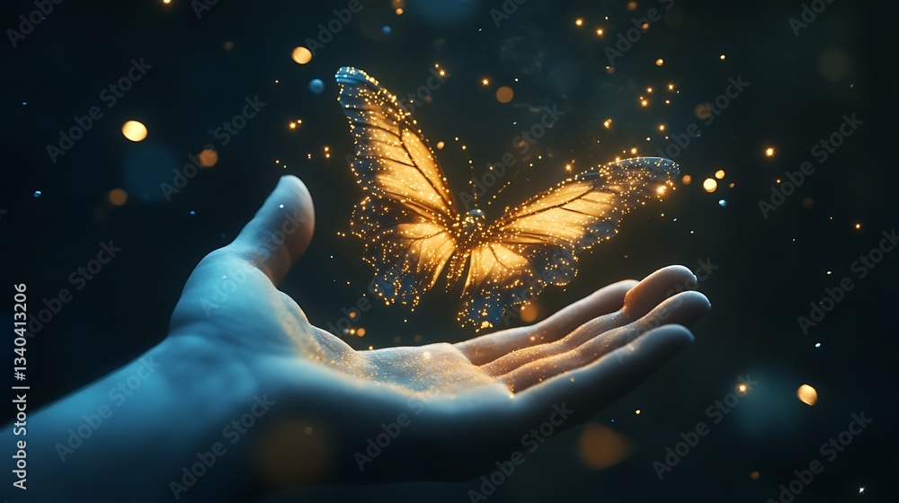 Fototapeta premium Magical Glowing Butterfly Hovering Above an Open Hand in a Mystical Atmosphere