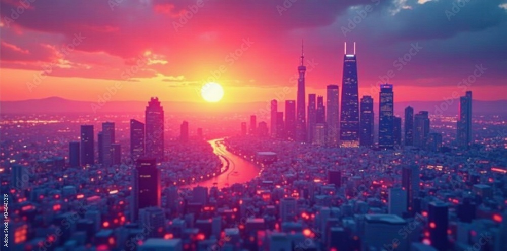 Fototapeta premium Gradient app icons on a futuristic cityscape at sunset, tech, sunset