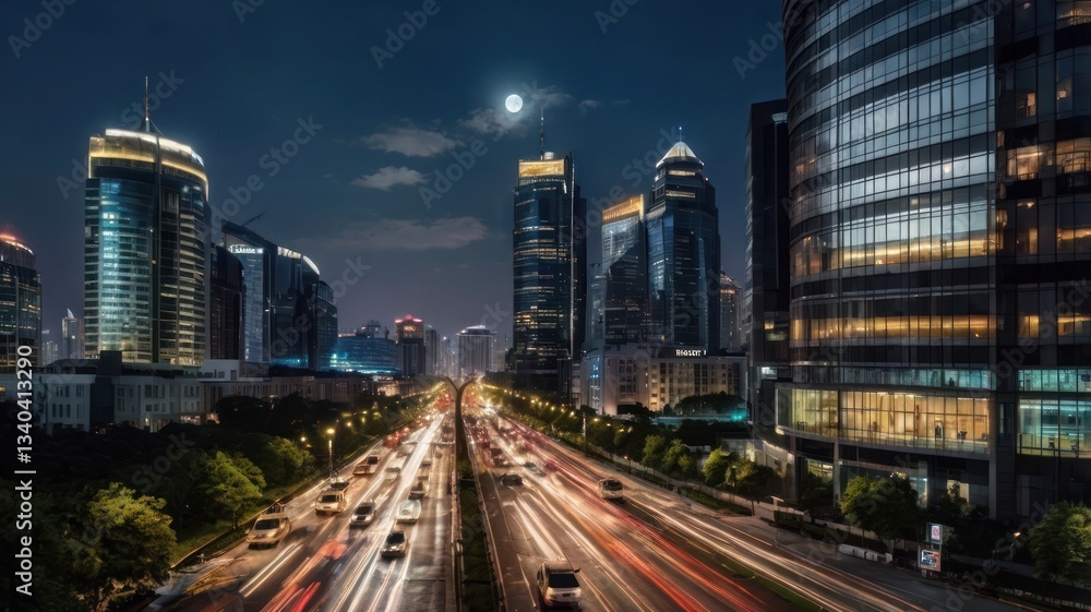 Obraz premium Night cityscape, city lights, highway traffic, moon, modern architecture
