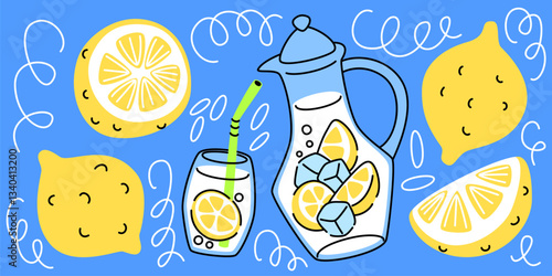 Beverage doodle set - glass and pitcher of summer refreshing lemonade drink with cute yellow slices, juicy halved fruit and whole lemons, ice and mint leaves. Hand drawn cartoon citrus illustration.