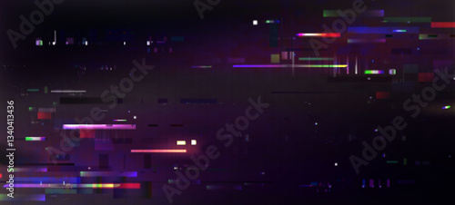 Pixel glitch effect background - colorful distorted digital noise, random horizontal lines, strips, blocks. Retro futuristic design, abstract glitched texture for web pages. Neon colors on dark.