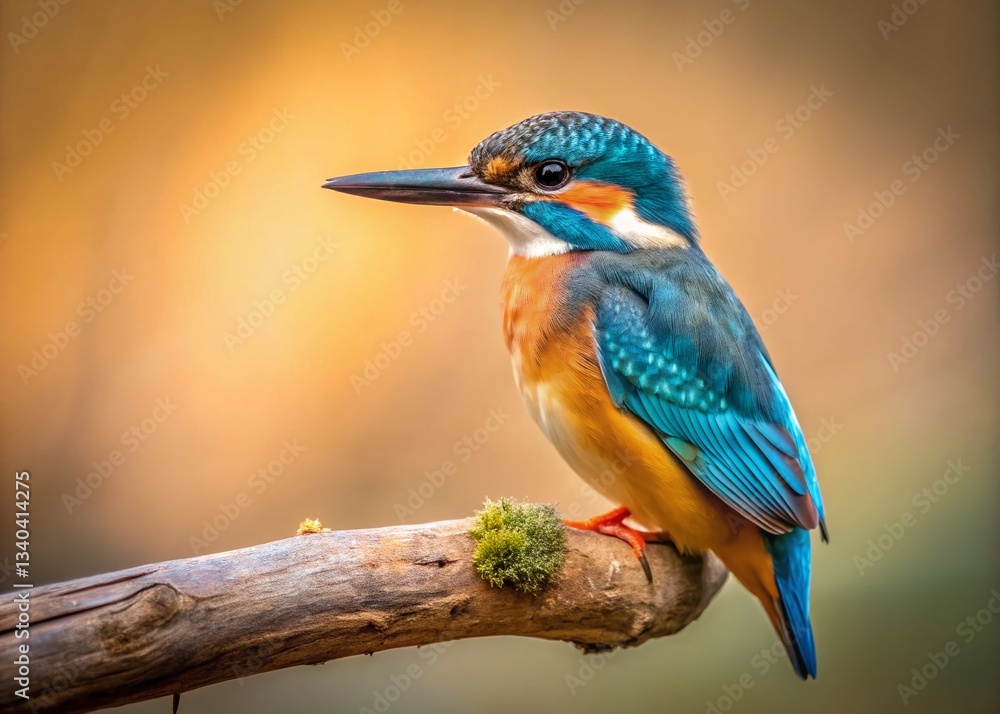 Fototapeta premium Male Common Kingfisher Bird Perched on Branch, Light Background, Wildlife Photography