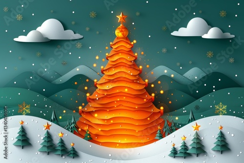 Elegant christmas card design with illuminated tree and snowflake adorned paper cut background