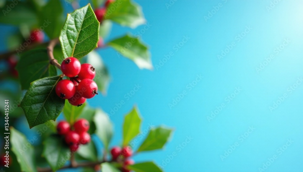 Obraz premium Holly berries and festive holly leaves against a bright blue sky, christmas, background, winter