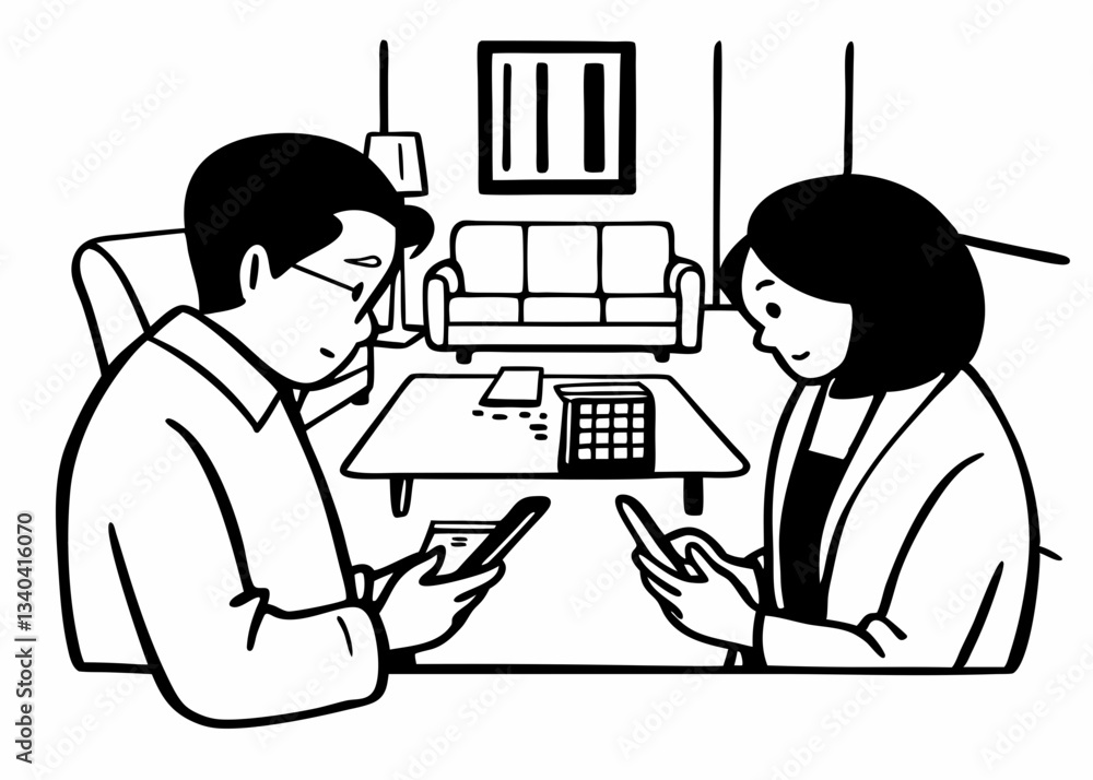 A multicultural serious couple is doing home finance calculations on the phone while sitting in an apartment. A multicultural serious couple is doing home finance calculations on the phone while sitting in an apartment.
