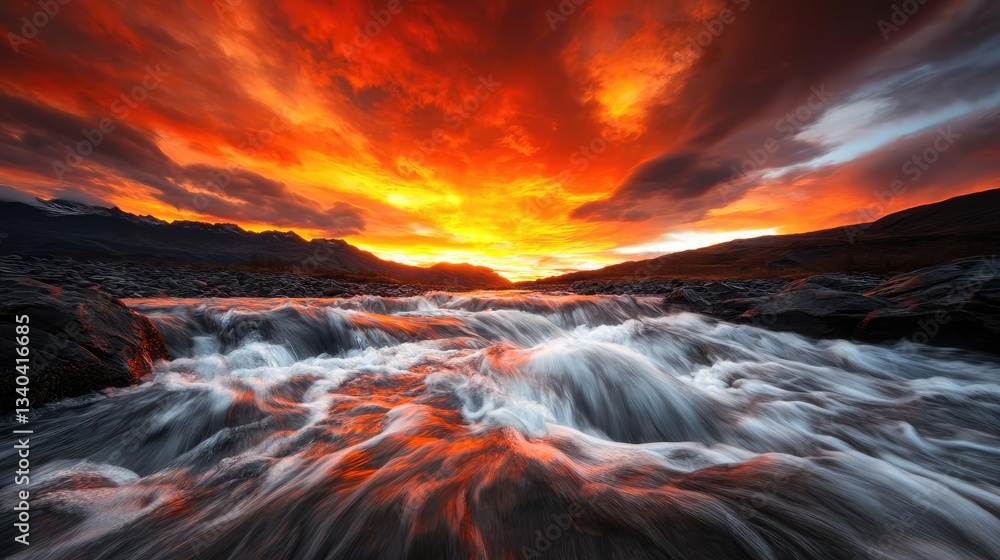 Fototapeta premium River rapids landscapes dramatic concept. Stunning sunset over a flowing river, reflecting vibrant colors in the sky.
