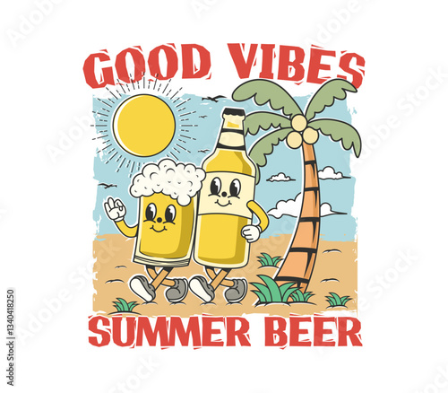 Good vibes beer cartoon character in summer vibes illustration design