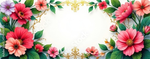 Intricate floral design with gold accents, featuring various colorful blooms and lush greenery , Floral pattern, Decorative