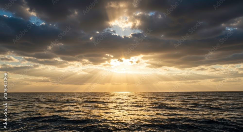Fototapeta premium Dramatic Ocean Waves at Sunset Sunbeams Reflecting on Dark Water Surface