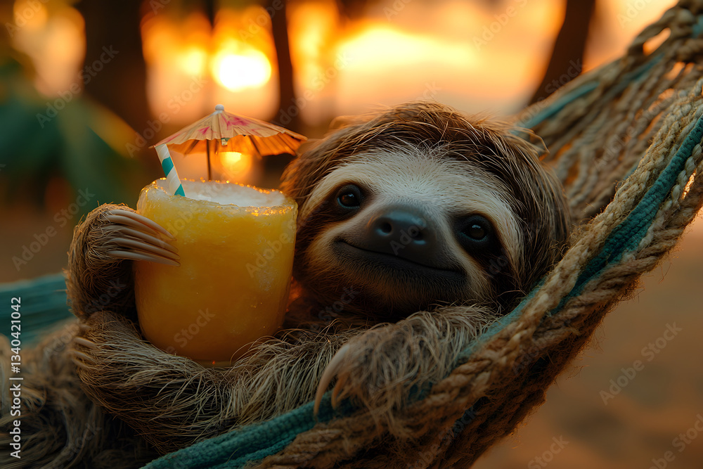 Obraz premium A sleepy baby sloth lounging in a tiny hammock between two tropical trees, holding a coconut drink
