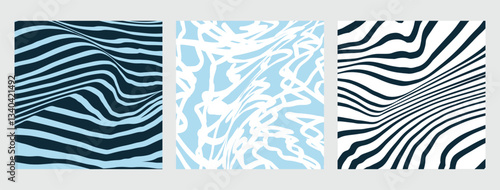 Set of abstract square backgrounds with doodle waves. Curving stripes, relief background. Dynamic, hypnotic, striped backdrops. Optical illusion of distorted streaks