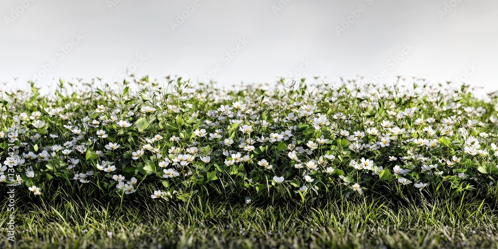 Fototapeta premium White flowers bloom in an expansive meadow. Flowers and grass capture the heart of nature. Scenic outdoor visual embodies the serene beauty of springtime flora.