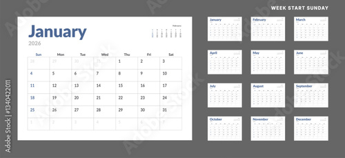 2026 Calendar Planner Set of new Template 12 Monthly Page for Corporate or Personal use. Vector layout of a wall or desk organizer with week start Monday for print. Page for size A4 -21x29.7 cm