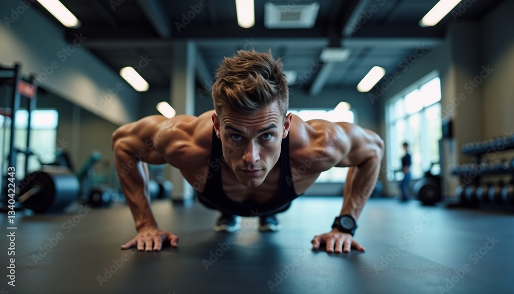 Fototapeta premium Muscular Man Pushups Gym Intense