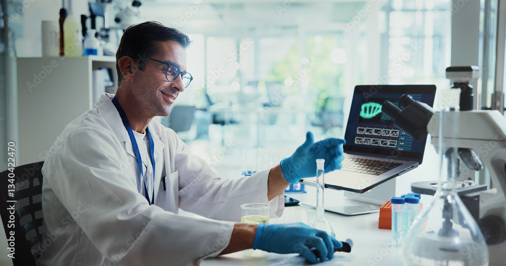 Scientist, man and test tube in lab with dna, medical research ie analysis for gene editing trial. Person, smile and container for liquid, study and laptop for charts, progress or results with sample Scientist, man and test tube in lab with dna, medical research ie analysis for gene editing trial. Person, smile and container for liquid, study and laptop for charts, progress or results with sample