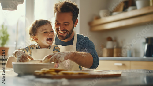 Happy father and son cooking together in the kitchen. Father's Day 
