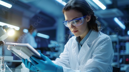 Female Scientist Conducts Regulatory Compliance Risk Assessment