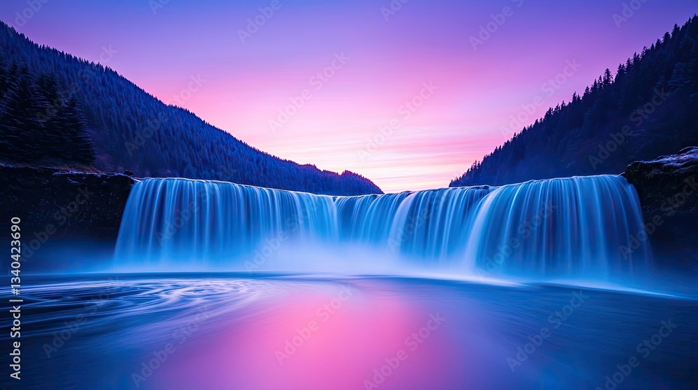 Fototapeta premium Rainbow waterfall landscapes dramatic concept. A stunning waterfall surrounded by vibrant colors during sunset.