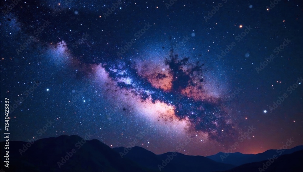 Naklejka premium Milky Way galaxy with bright stars in the night sky, astronomical, nebulae, stars