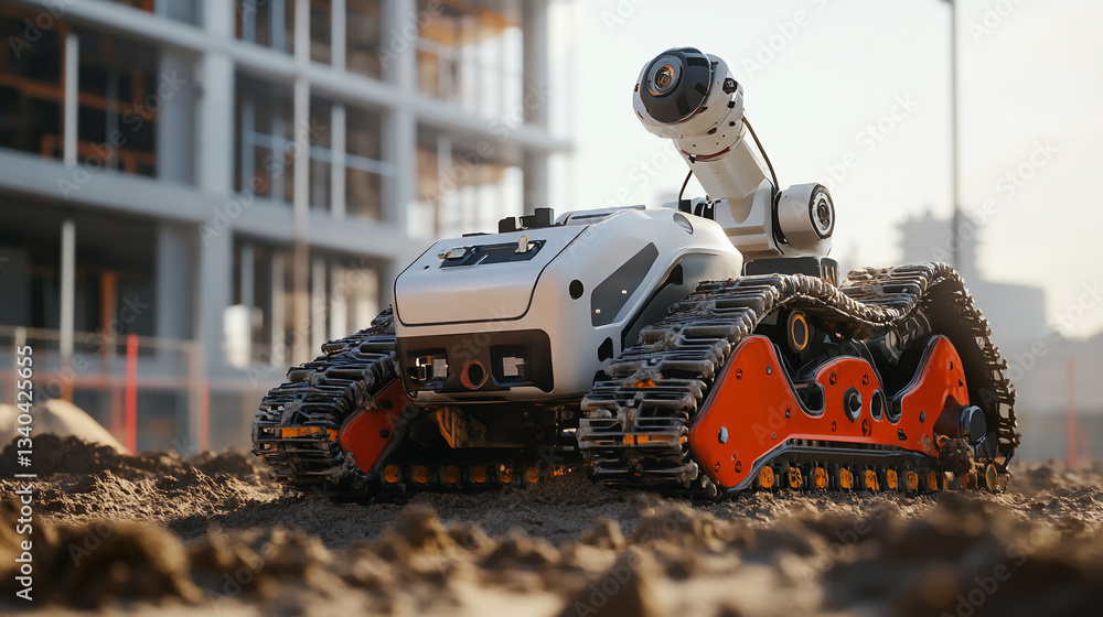 Close up of a robotic vehicle with tracks on a construction site during the daytime outdoors view Close up of a robotic vehicle with tracks on a construction site during the daytime outdoors view