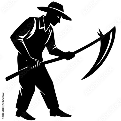 A farmer sharpening his sickle silhouette vector illustration