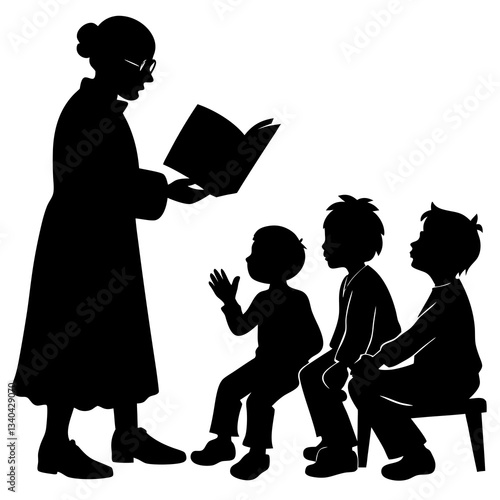 A grandparent telling stories to kids silhouette vector illustration