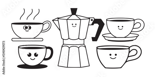 Cute Smiling Coffee Cups and Moka Pot, Minimalist Black and White Coffee Illustration