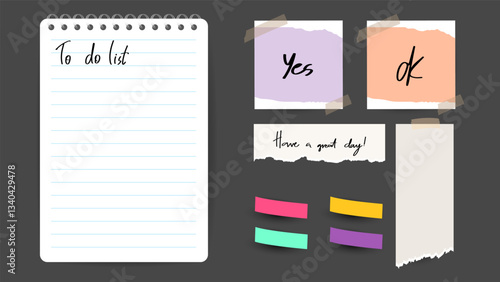 Paper and  notes, stickers, sticky sheets and tape Vector Set, on gray background, Flat Modern design , illustration Vector EPS 10