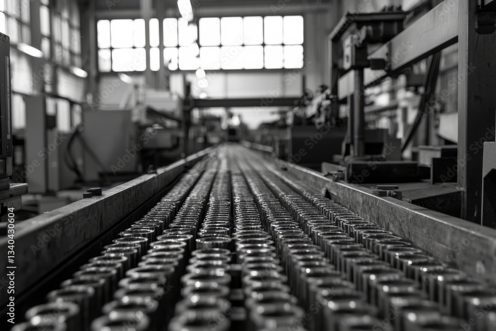 Fototapeta premium Conveyor belts carry metal parts through an assembly line. Machines work in sync with each movement
