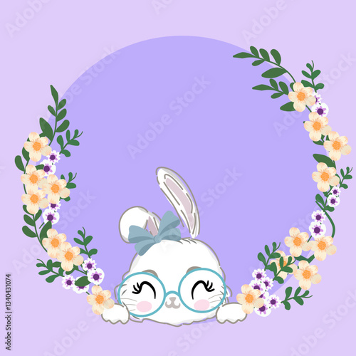 Easter wreath, for making greeting cards or  website covers, decorated with cute rabbits and flowers.