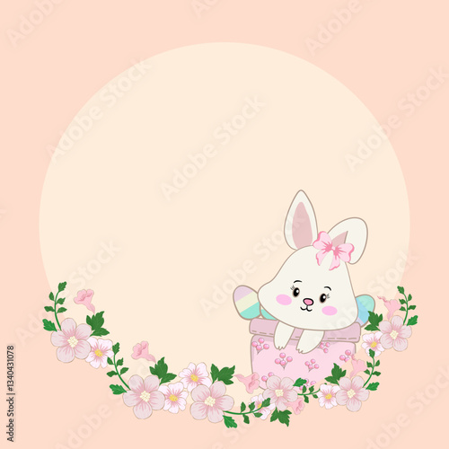 Easter wreath, for making greeting cards or  website covers, decorated with cute rabbits and flowers.