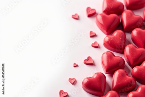 Red heart chocolate candies on white background, sugar, delicious