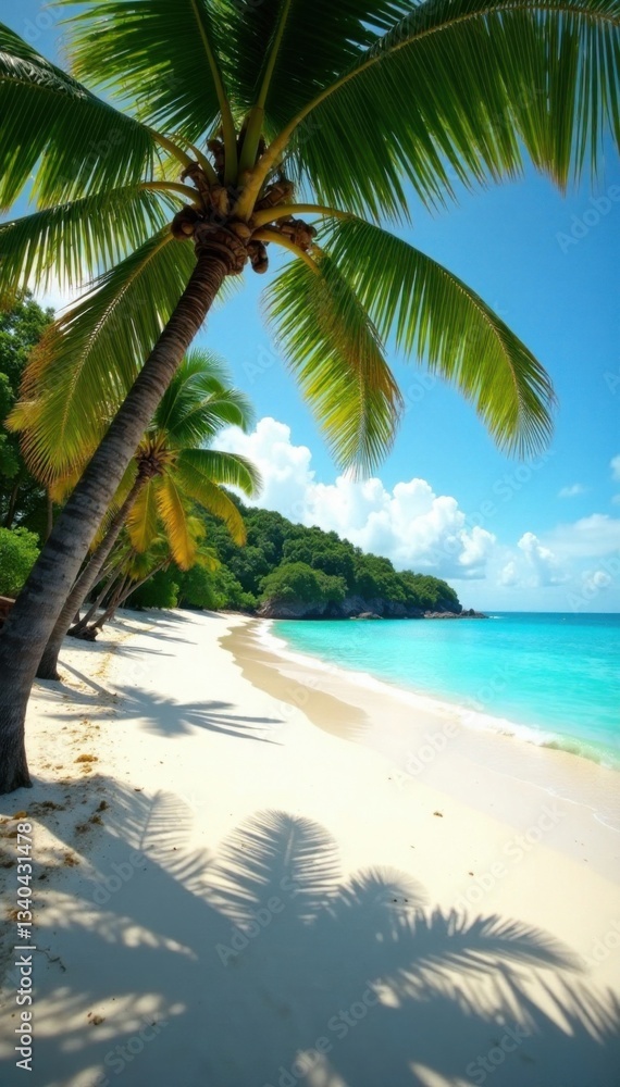 Fototapeta premium Palm trees sway in tropical breeze, sandy beach stretches far and wide, ocean, sunset