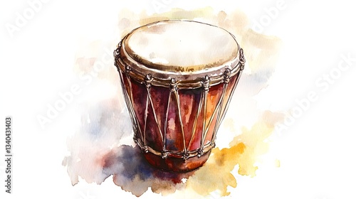 Watercolor illustration of a djembe drum on a white background