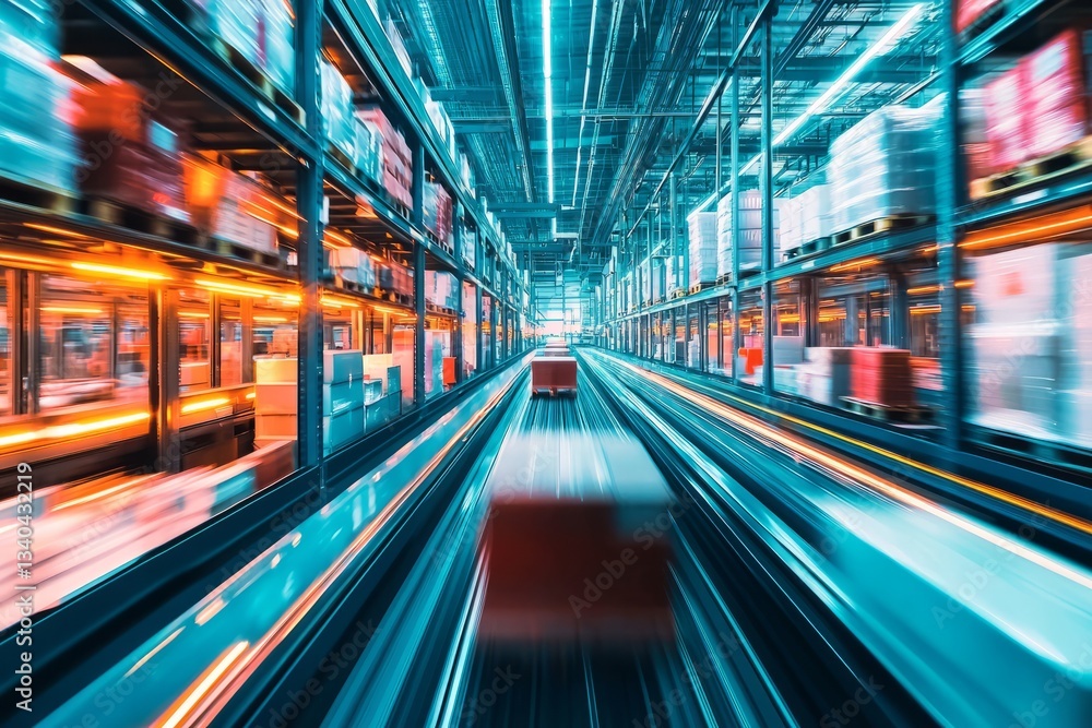Fototapeta premium Conveyor belts transport goods through a massive distribution center. Every movement is tracked
