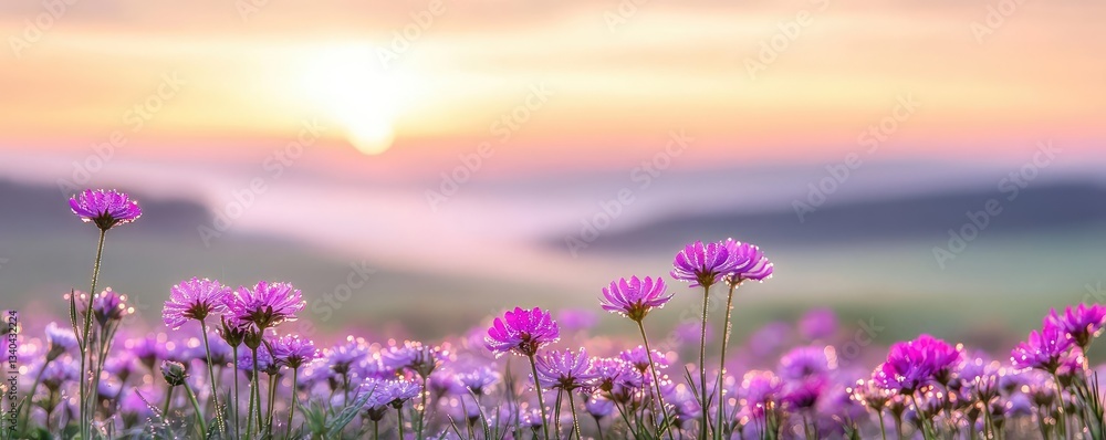 Obraz premium Macro flowers landscapes idea. Beautiful sunset over a field of vibrant purple flowers, capturing nature's tranquility.