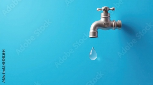 A single drop of water falls from a metallic faucet against a vibrant blue background, symbolizing the preciousness and importance of water conservation.