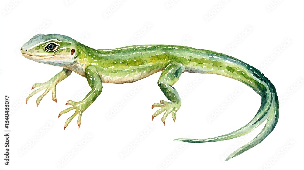 Obraz premium Watercolor illustration of a bright green lizard on white background
