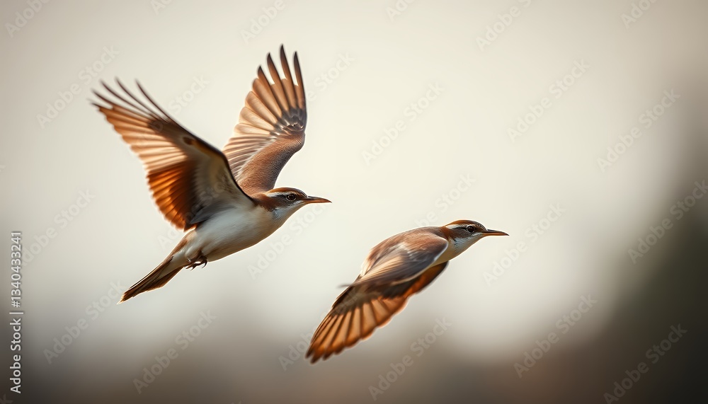 Two Birds In Flight Against A Soft, Blurred Background Two Birds In Flight Against A Soft, Blurred Background